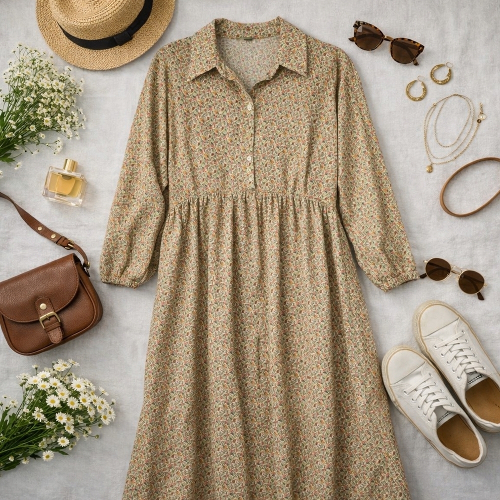 ASOS Beige Floral L Sleeve Poly/elastin Cottagecore Country Dress Ladies 10